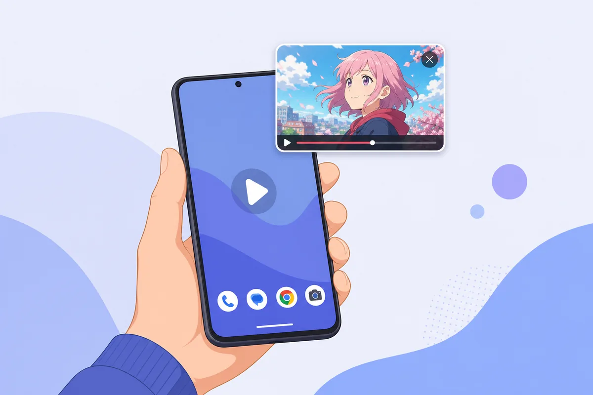 Ilustración editorial de un teléfono Android genérico con una pequeña ventana de vídeo anime flotante