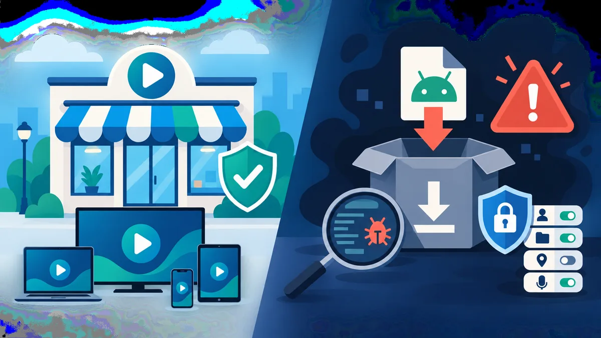 Editorial comparison graphic showing an official streaming path beside an APK source verification path