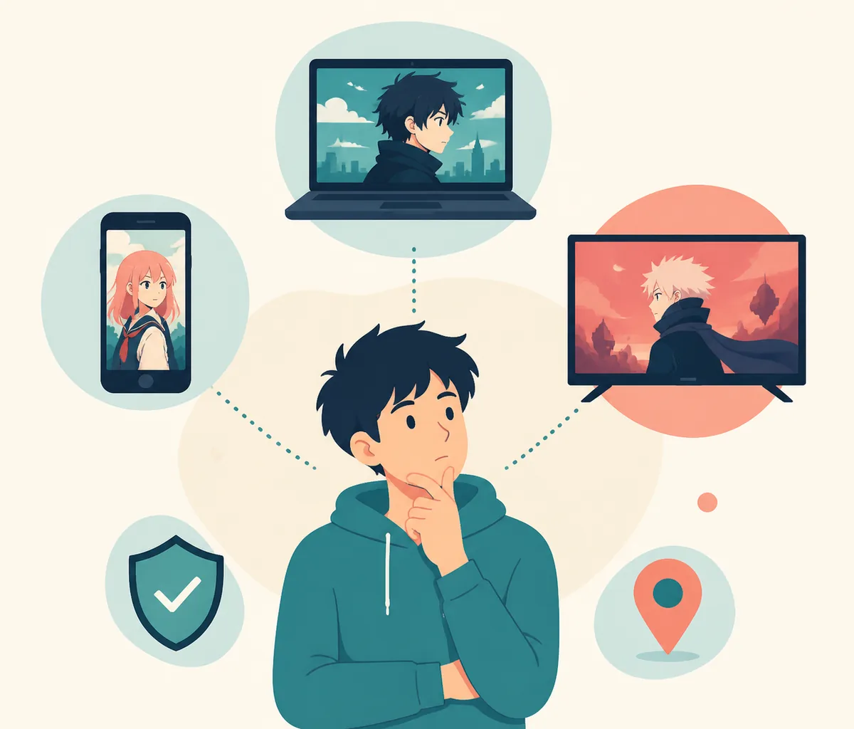 Editorial illustration of a viewer comparing anime watching options across a phone, laptop, and television
