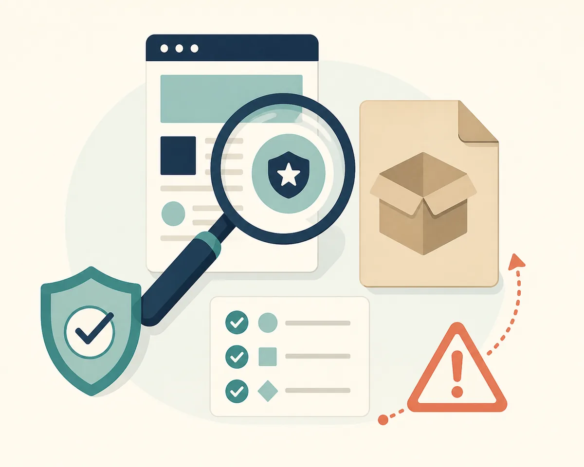Editorial safety diagram showing a source page, package file, magnifying glass, shield, and warning symbol