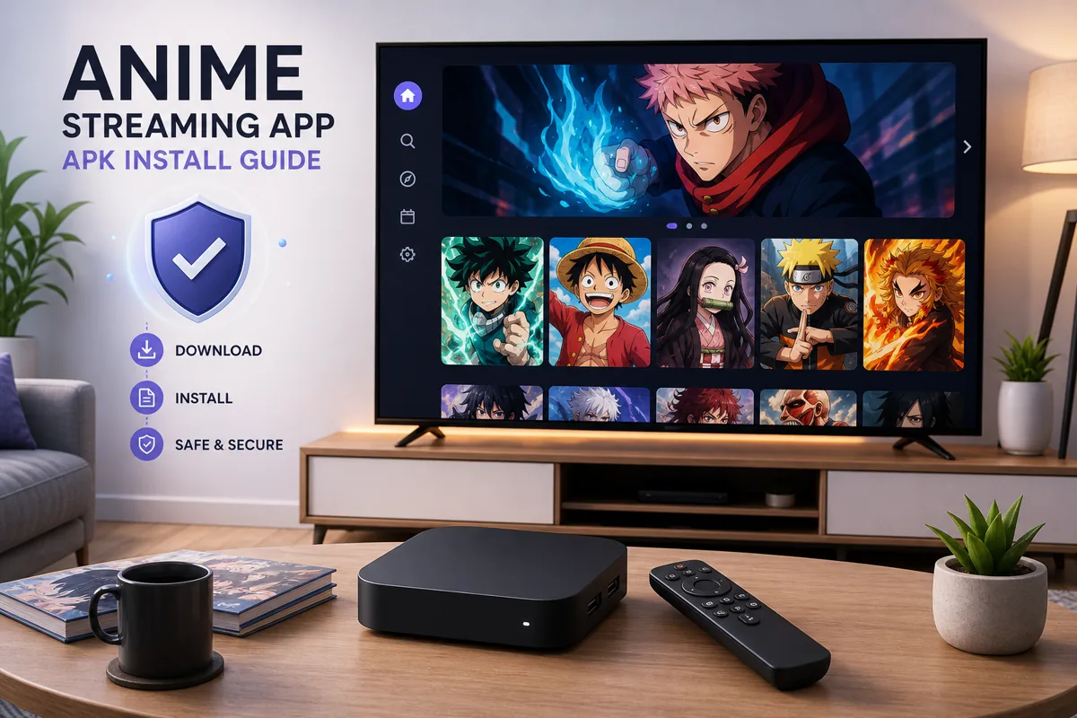 Android TVとFirestickでAnime Salt APKを設定するテレビ画面、リモコン、安全なサイドロードのイメージ
