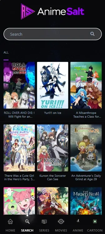 사이트 보유 Anime Salt 모바일 스크린샷에서 검색과 애니메이션 작품 카드가 보이는 모습