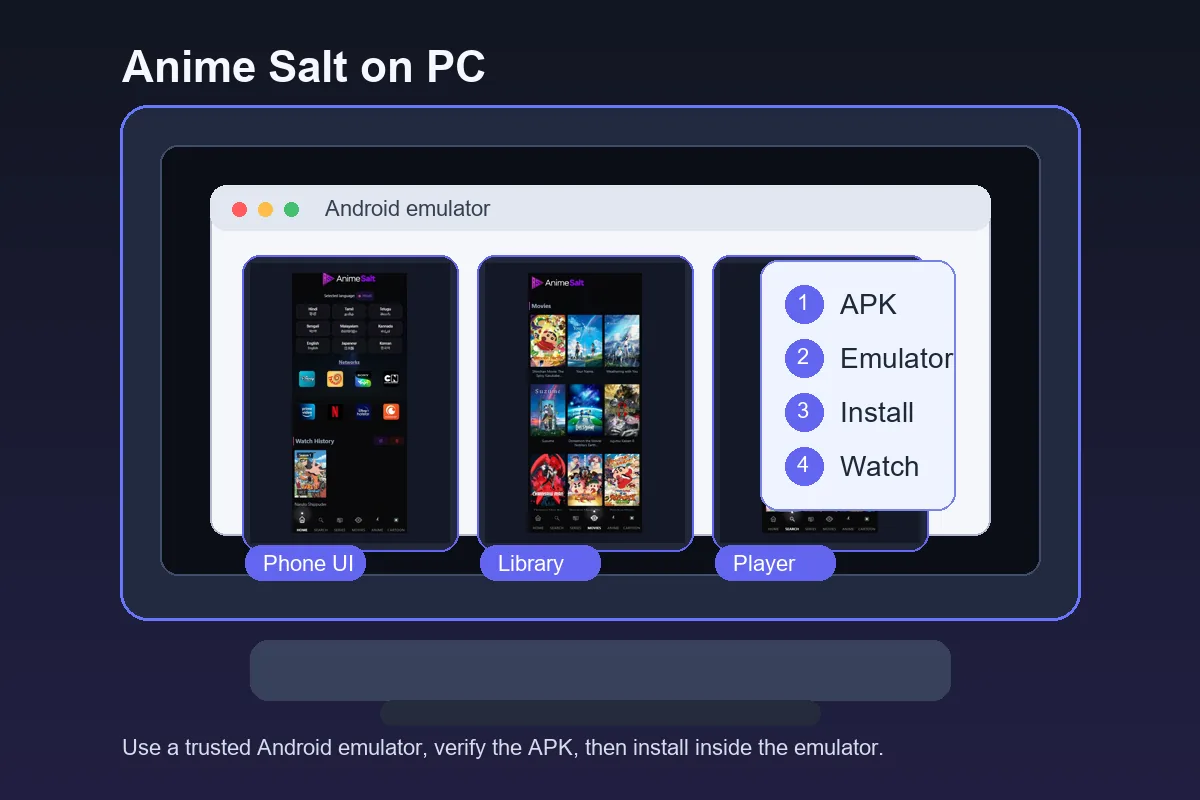 Android 에뮬레이터와 실제 앱 스크린샷을 사용한 PC용 Anime Salt APK 가이드