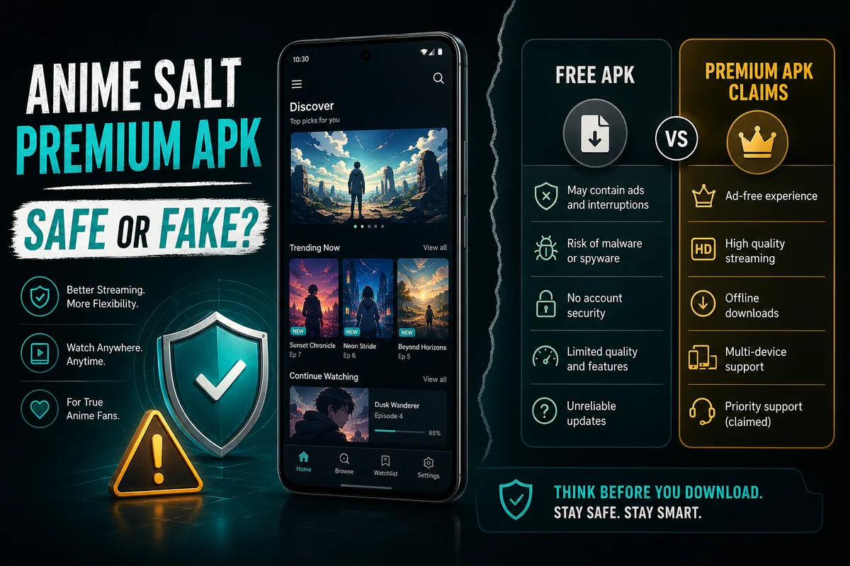 Anime Salt プレミアム APK の安全性を比較するスマートフォン、盾、警告マーク、無料版とプレミアム表記の図解