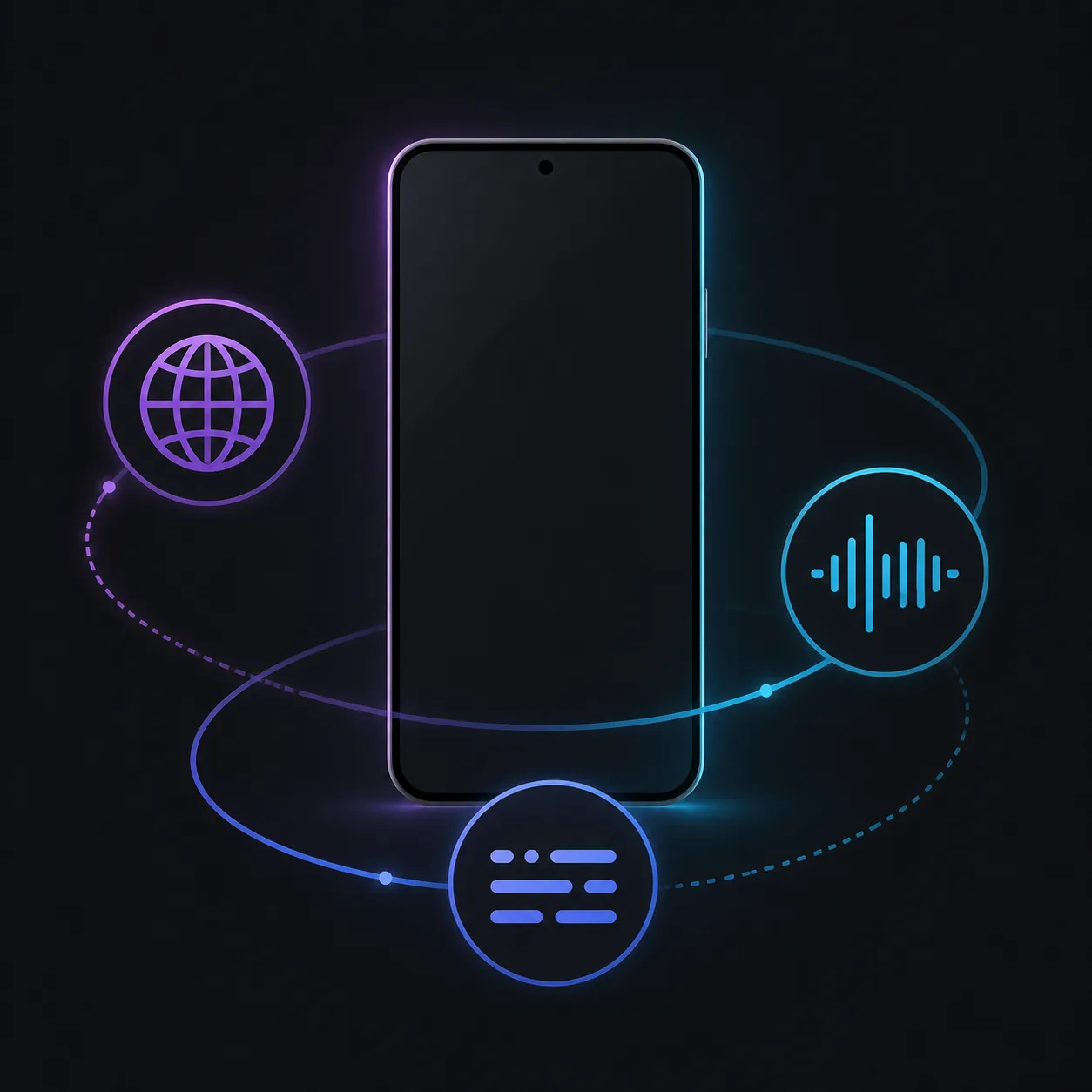 Ilustración conceptual de un teléfono Android con comprobaciones separadas de idioma, audio y subtítulos