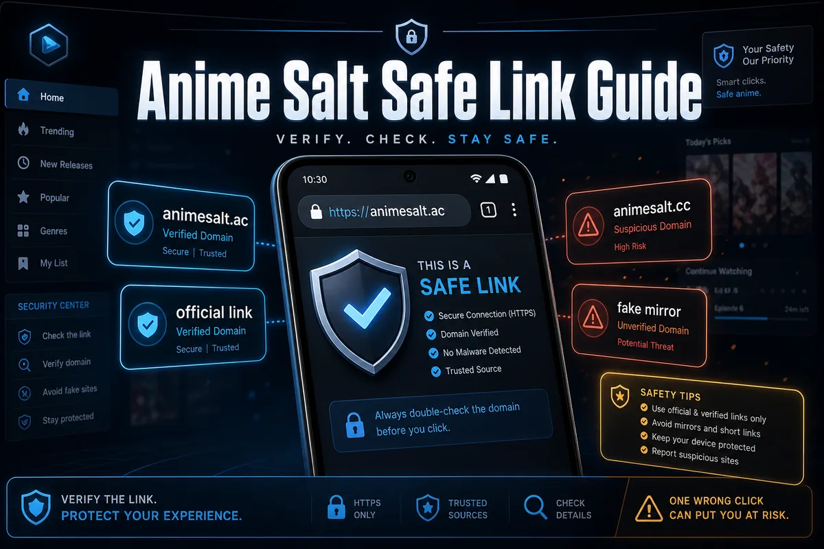 Guia de link seguro do Anime Salt com navegador no celular, escudo verificado, símbolo de alerta e vários domínios parecidos