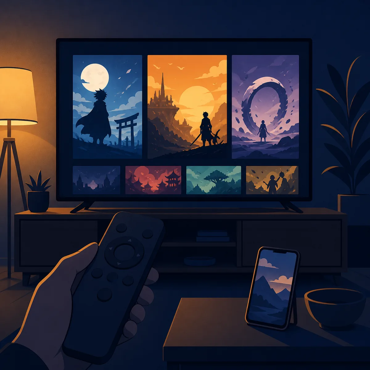 Televisore in soggiorno con telecomando e telefono che rappresentano diversi percorsi per guardare anime