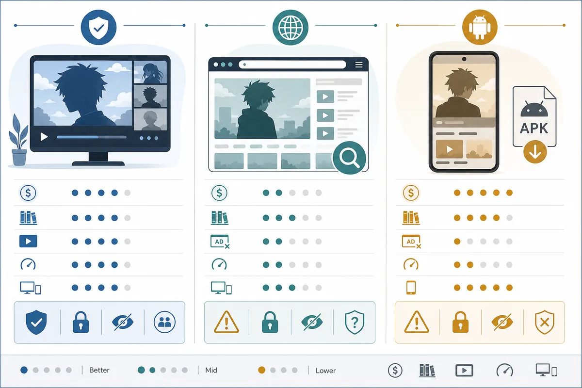 Vergleich von offiziellen Gratisdiensten, Anime-Websites im Browser und Android-APK-Apps