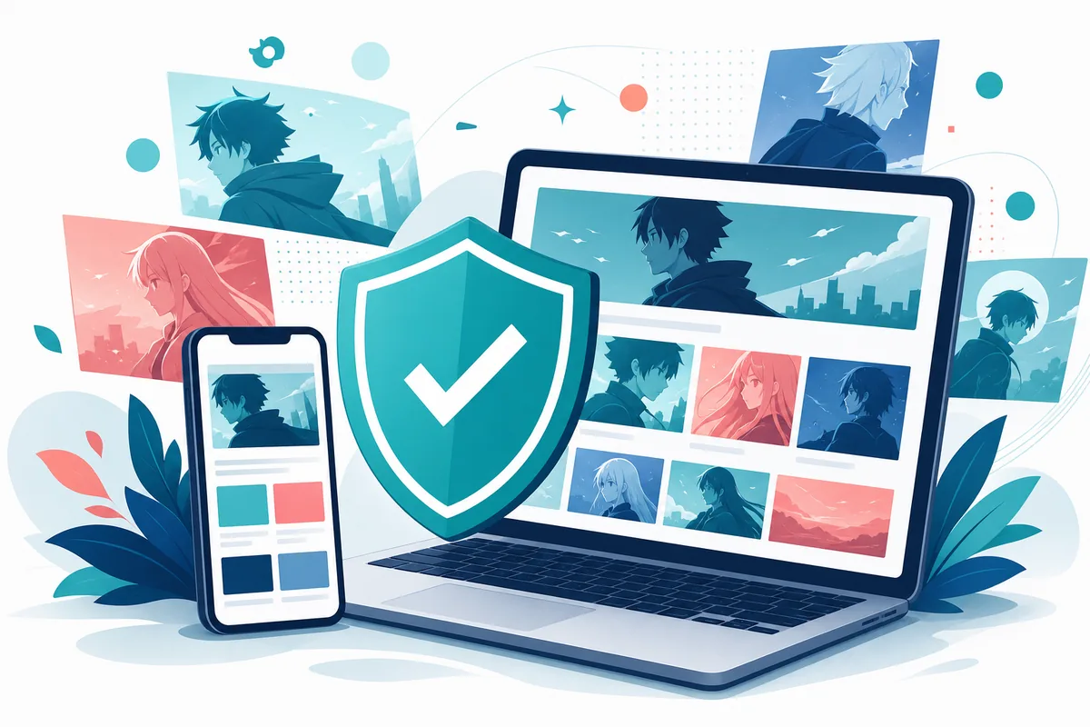 Guida sicura ai siti anime gratis con telefono, laptop e scudo