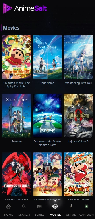 Tela de filmes do Anime Salt com pôsteres